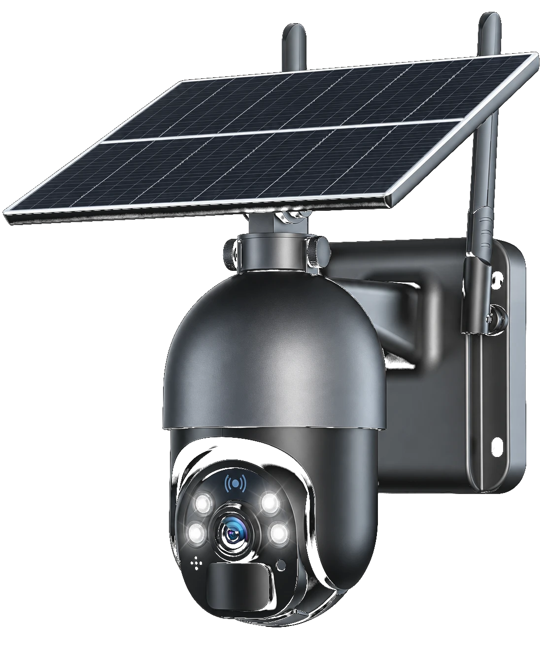 The LeaseSight monitoring and security camera: a pan-tilt dome camera with a solar panel on top and an LTE antenna